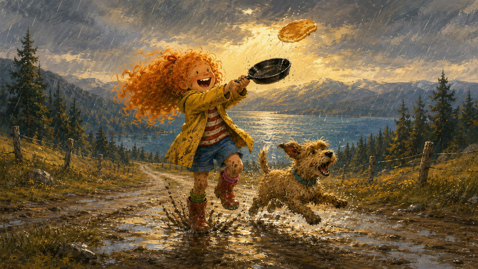Sunny and Huck splash down a rainy road as a pancake flies above her pan