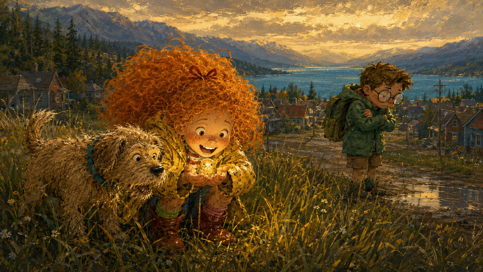 Sunny and Huck study a small glowing wonder in the grass while Bo watches