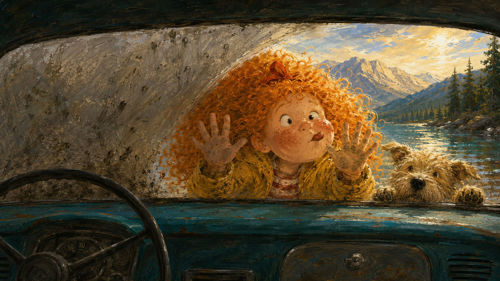 Sunny and Huck look through a small clear patch in a muddy windshield