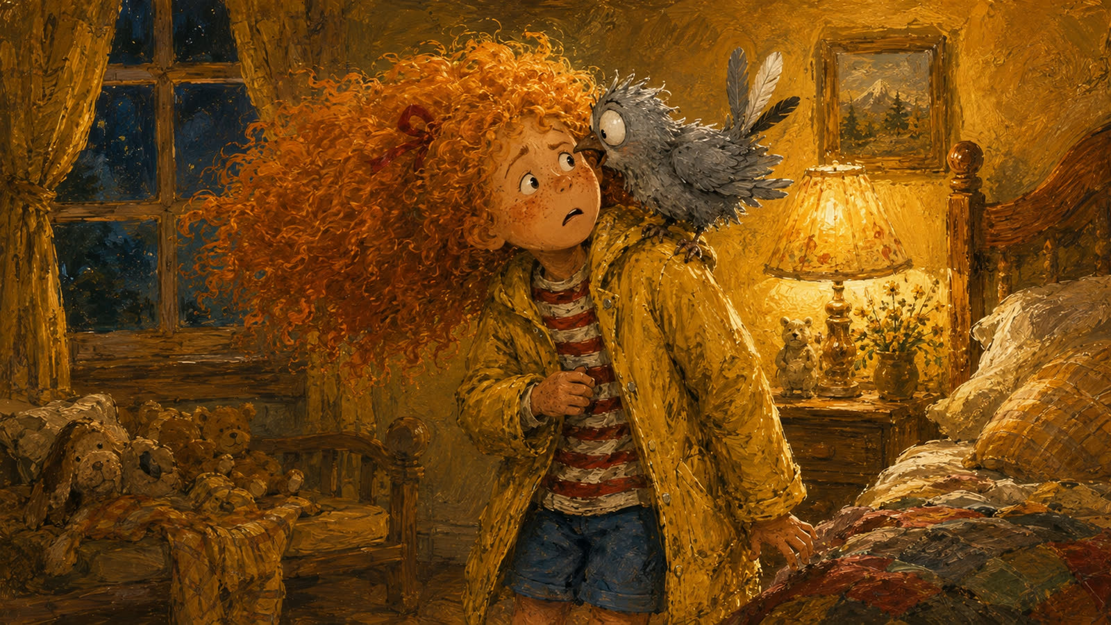 A round grey What-If Bird perches beside Sunny and Huck at a lamplit window