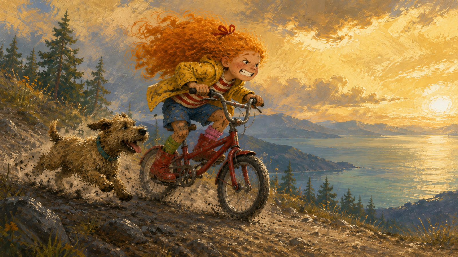 Sunny and her bicycle face the winding hill above Marigold Bay