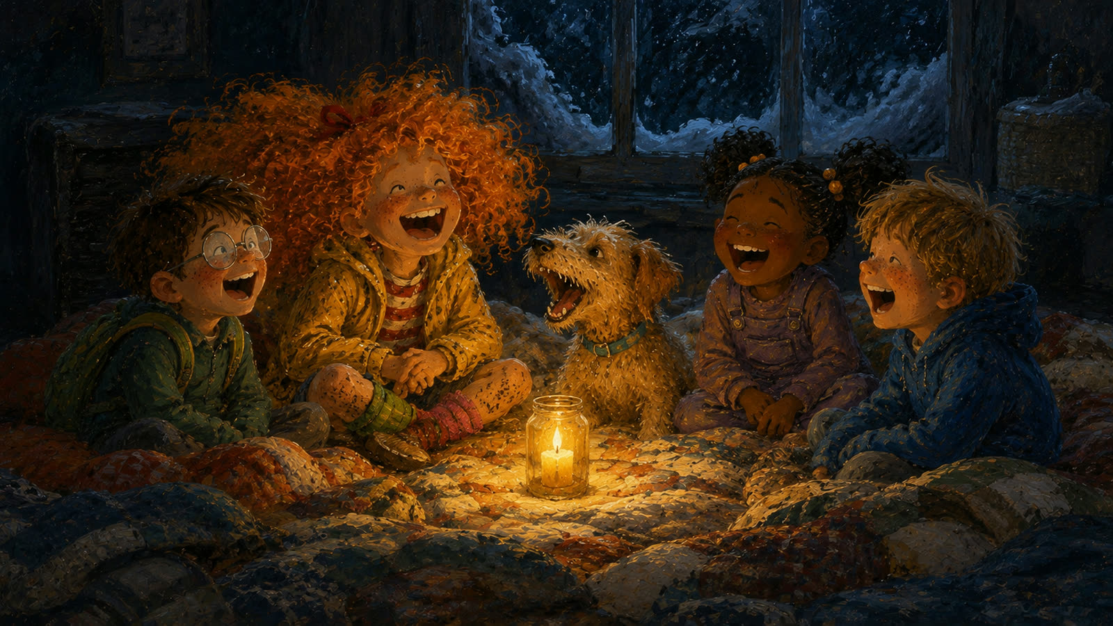 Sunny and her family gather in warm light while snow falls outside