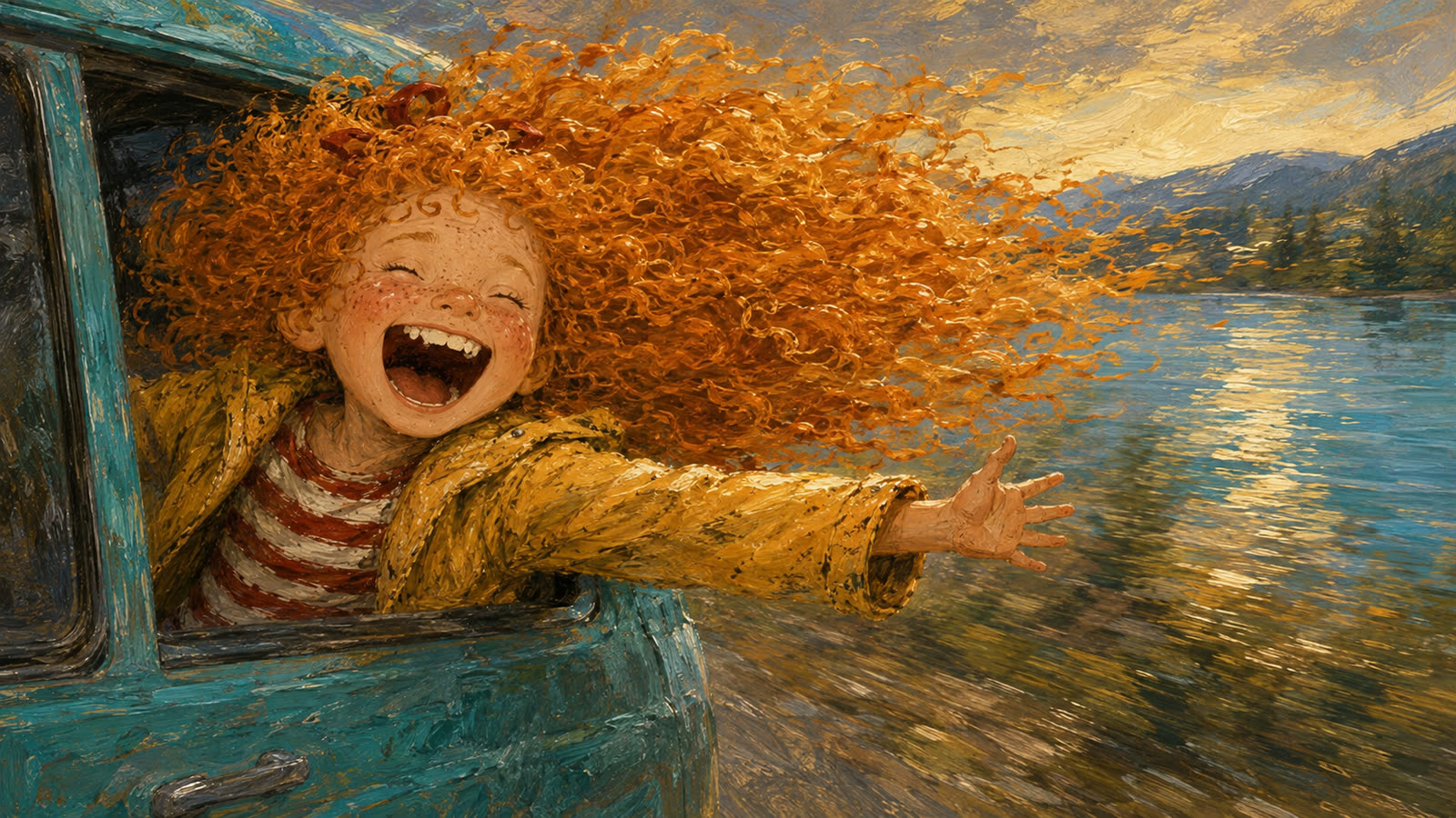 Sunny laughs with her orange curls springing free beside the lake