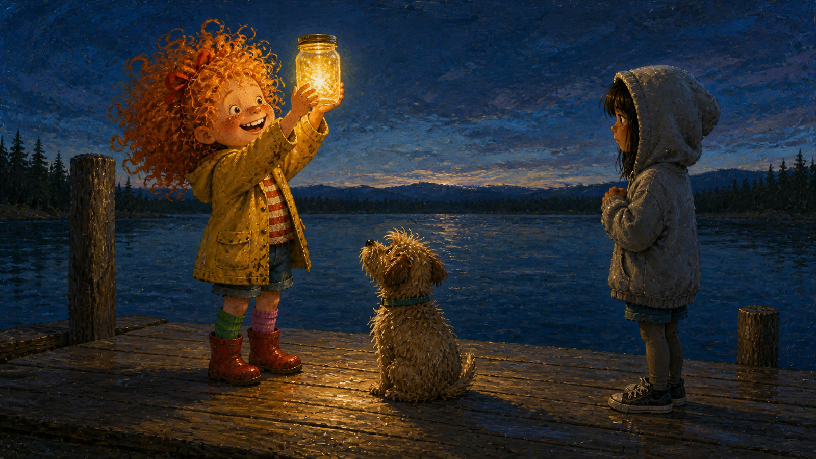 Sunny and Wren share the evening light beside the lake