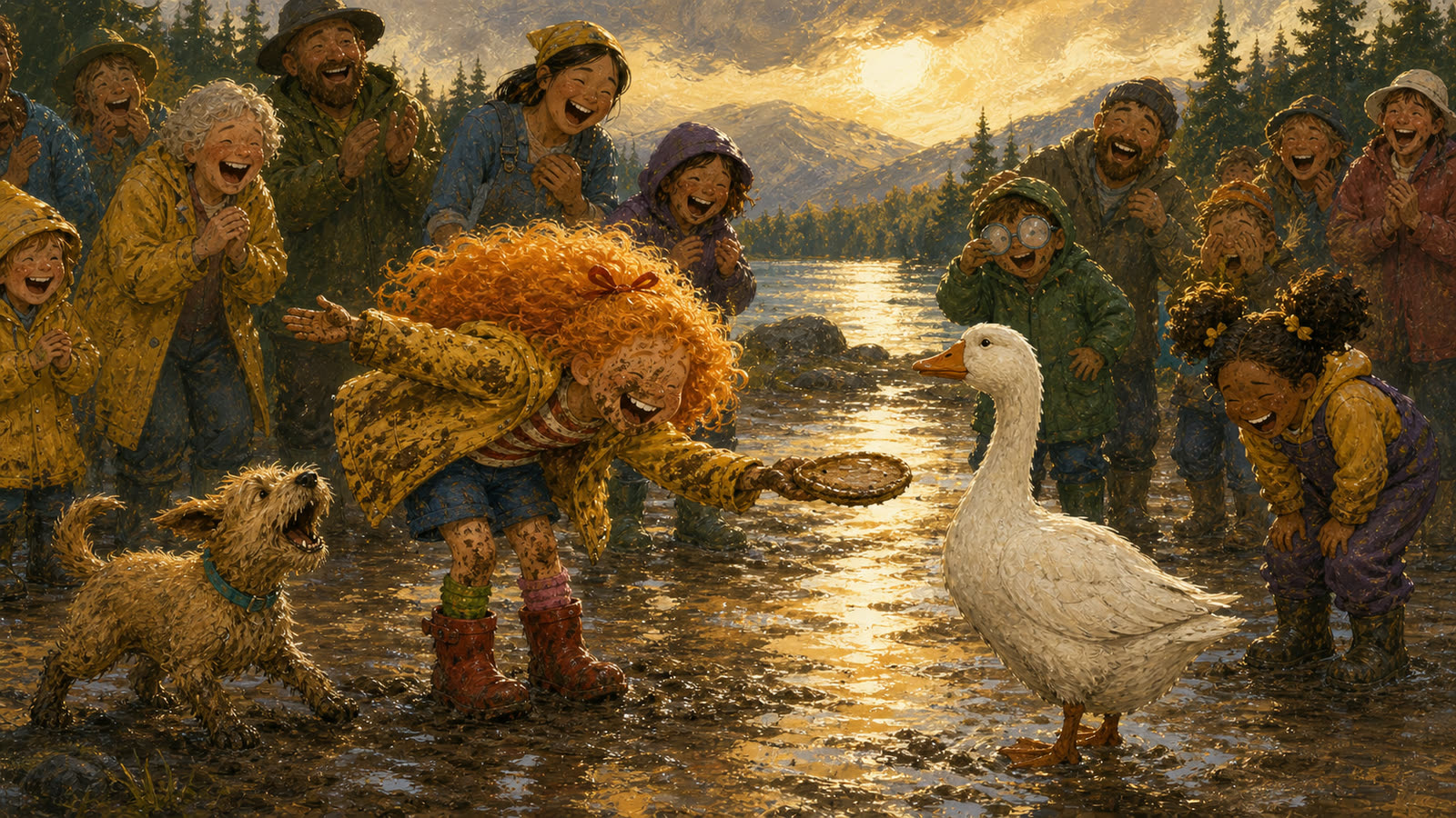 Sunny bows to a white goose with a pancake while the townspeople laugh