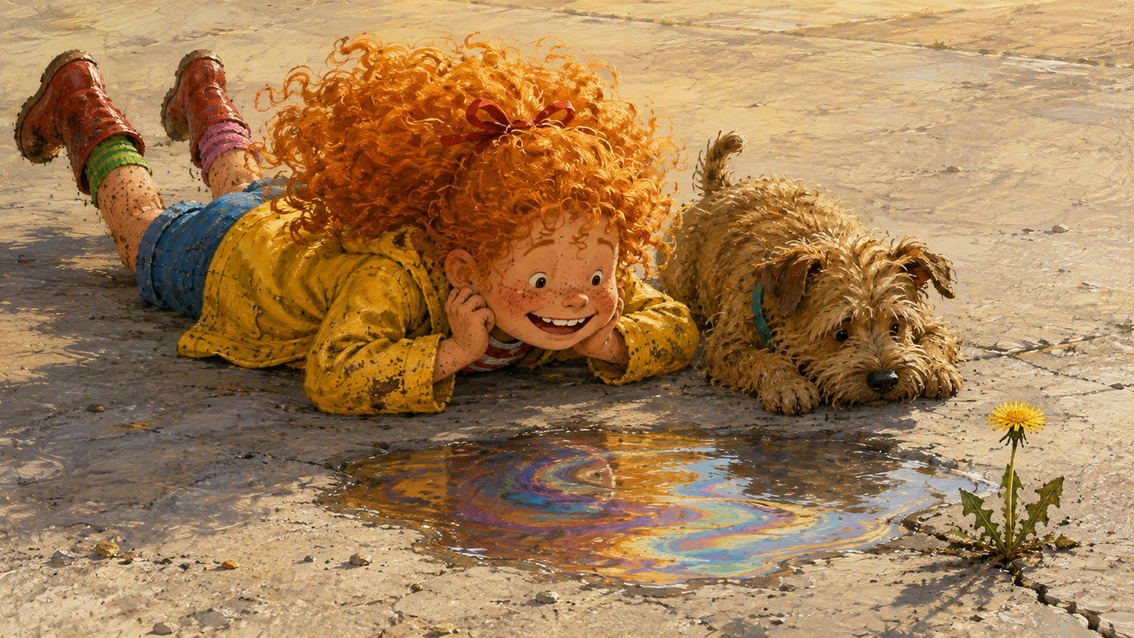 Sunny discovers a rainbow in a puddle beside a bright yellow dandelion
