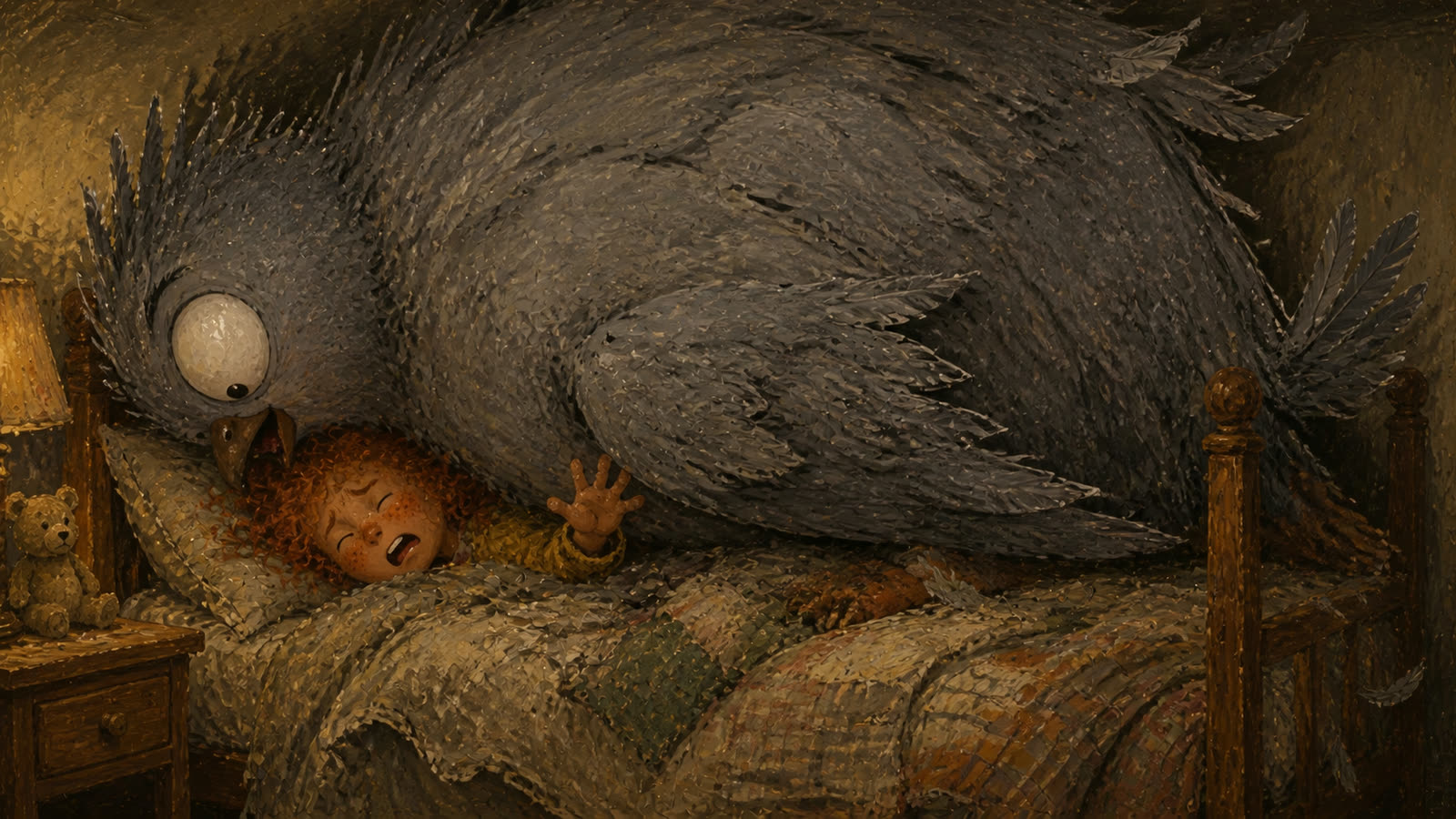 A huge round grey What-If Bird crowds Sunny's bedroom