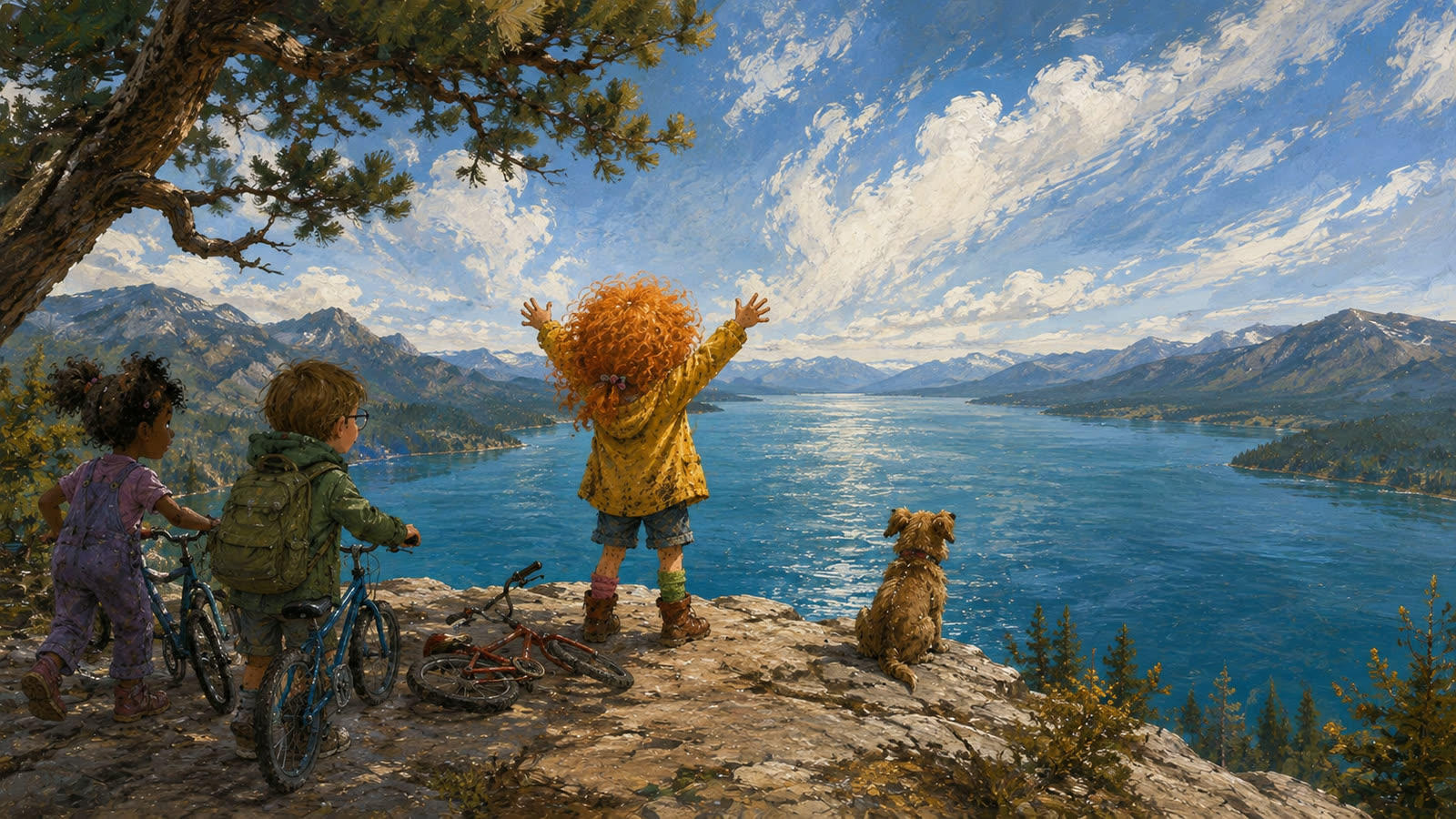 Sunny reaches the hilltop and looks out over the blue lake