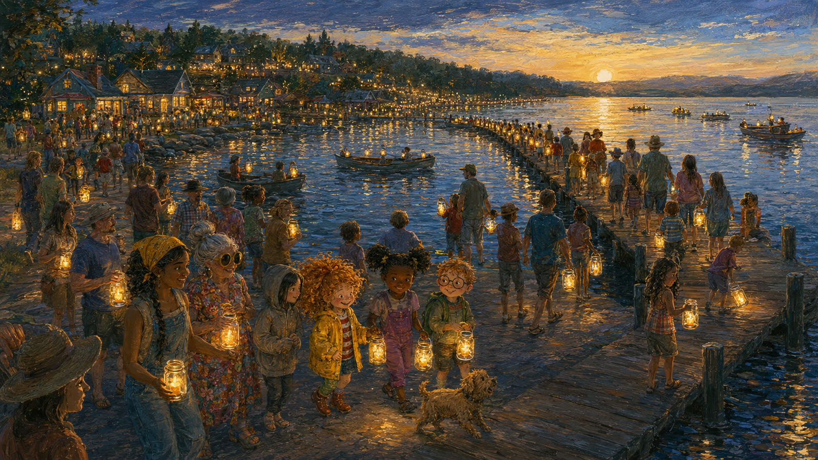 The neighbors of Marigold Bay gather by the lake with glowing lanterns