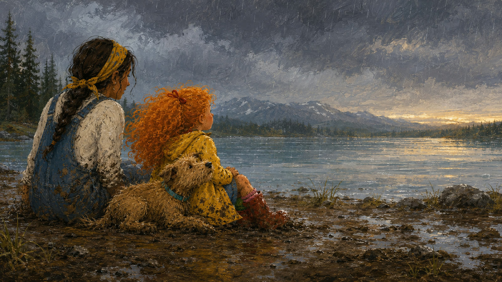 Mama sits in the mud beside Sunny while Huck rests his chin on her knee