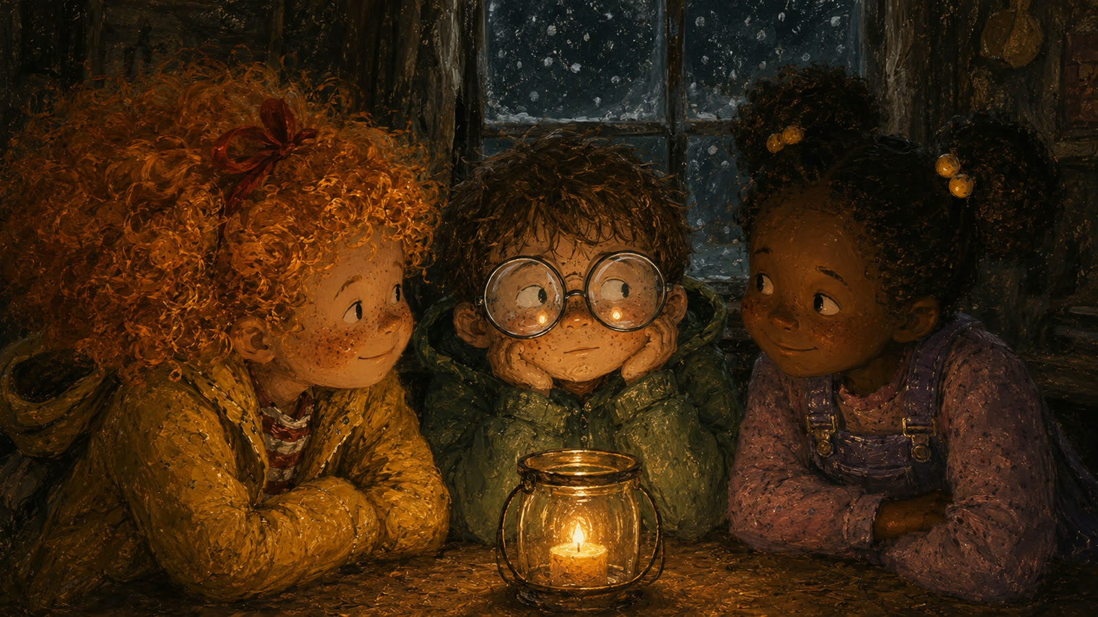 The children and Gramma Pearl share candlelight during the snowstorm