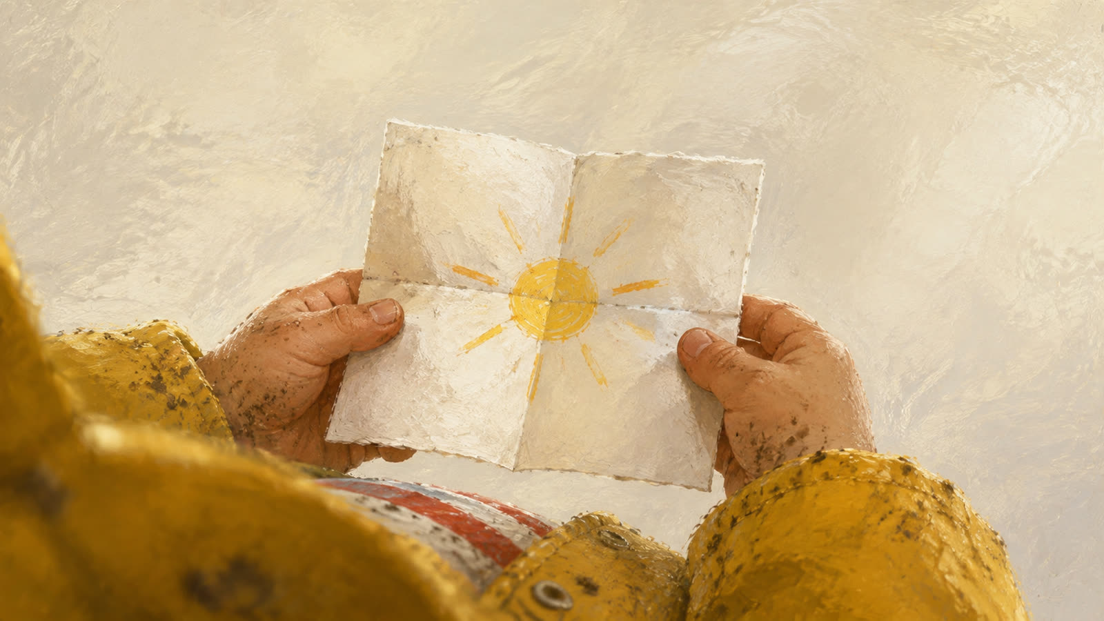 Sunny holds a worn folded paper with Mama's little yellow sun