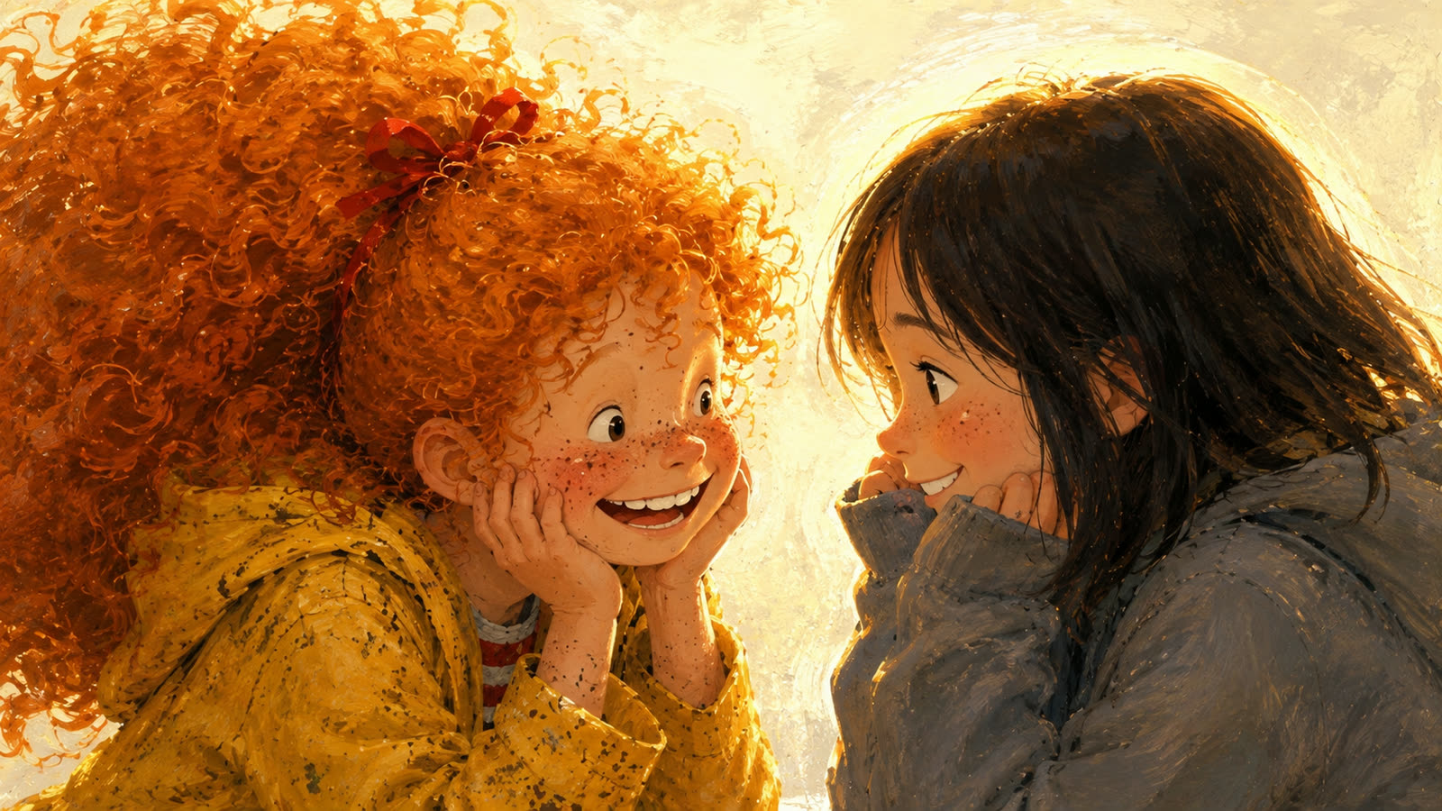 Sunny and Wren face each other in the warm evening light