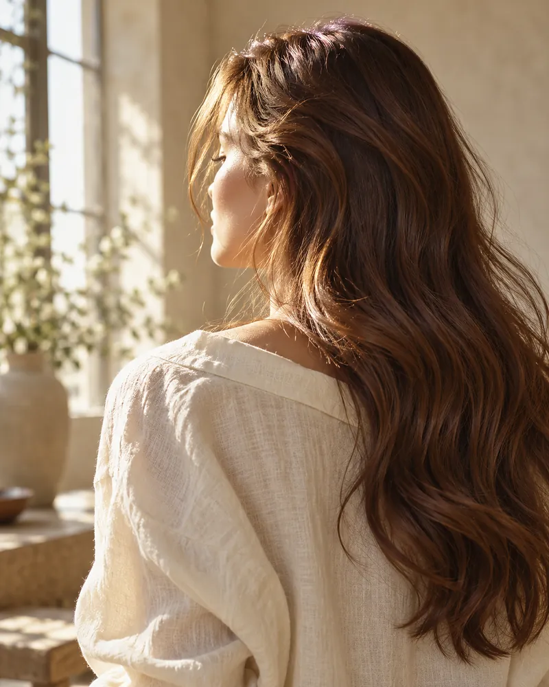 Cabello largo y brillante bajo la luz del sol