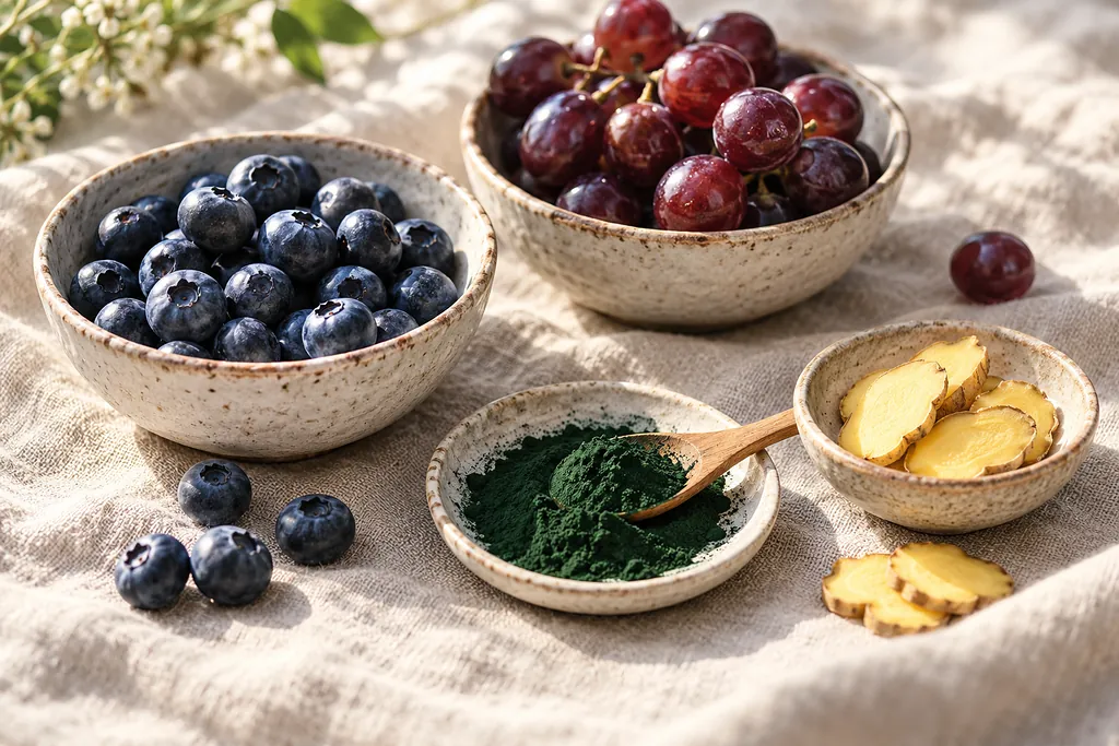 Cuencos de arándanos, uvas y alga verde en polvo sobre lino
