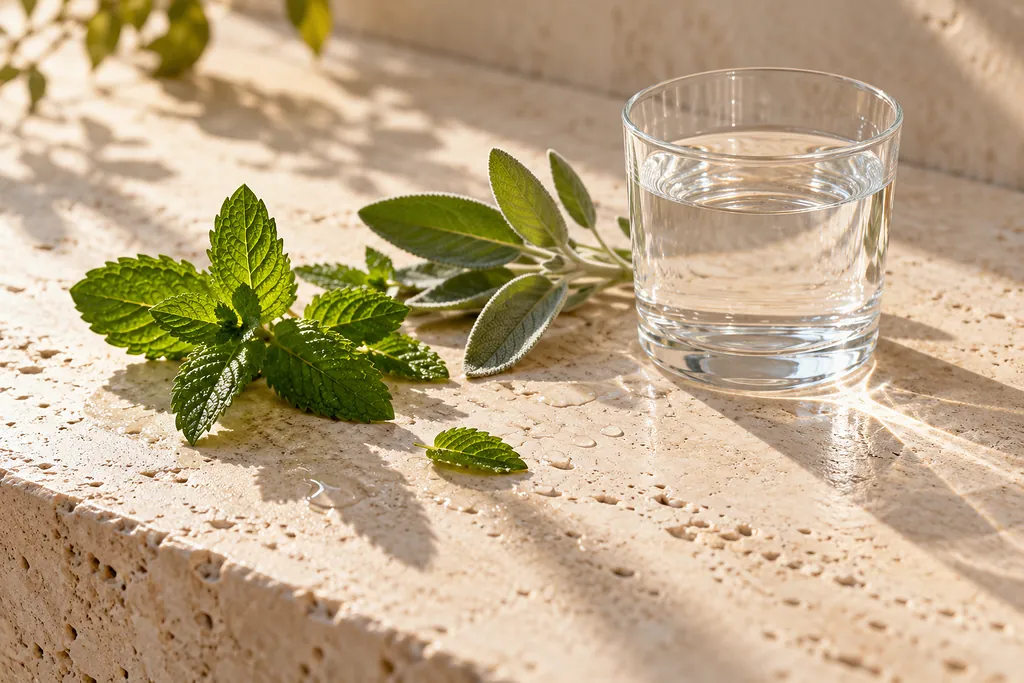 Menta fresca, salvia y un vaso de agua sobre piedra